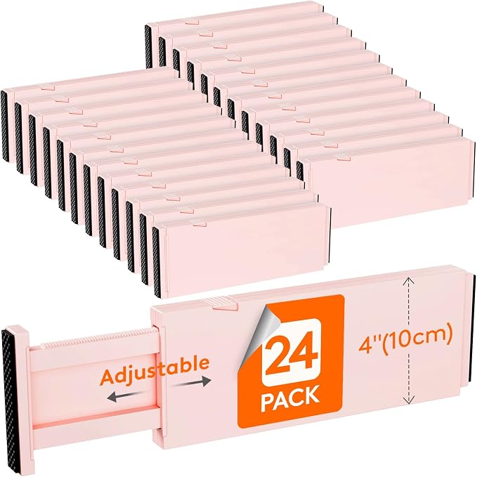 Lifewit 4" High Upgrade Drawer Divider, Adjustable Drawer Organizer Clothes | 24 Pack 11"-17" Expandable Pink Plastic Drawer Separator for Dresser, Kitchen, Closet, Nursery, Office Organization & Storage by Lifewit