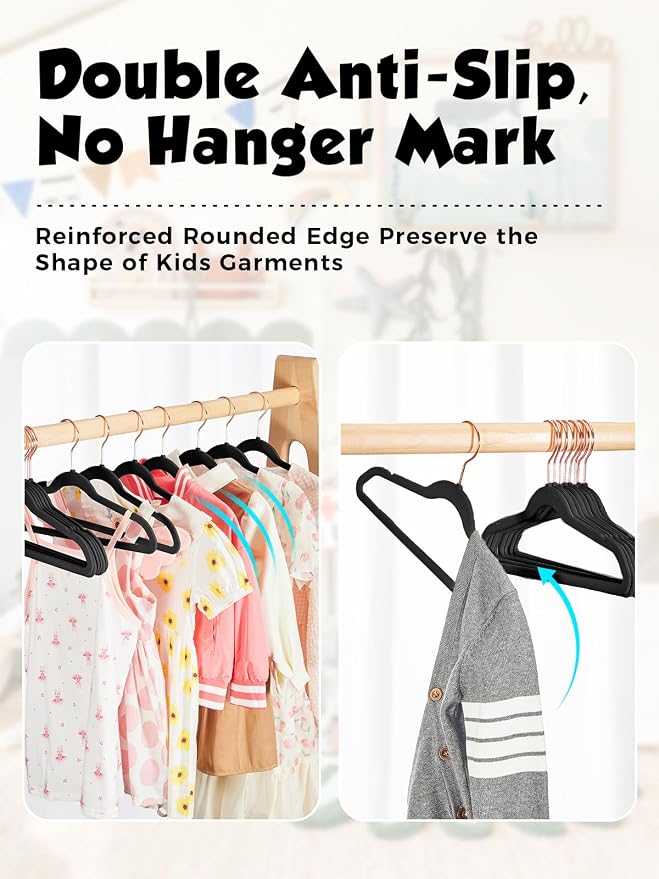 Kids Velvet Hangers 50 Pack, 14 Inch Premium Non Slip Kids Felt Hangers for Closet, Space Saving Toddler Clothes Hanger for Youth's Childrens' Clothes (Rose Gold Hook)- Black | Premium Kids Hangers for Closet Storage, Space Saving Toddler Clothes Hange... - Image 2
