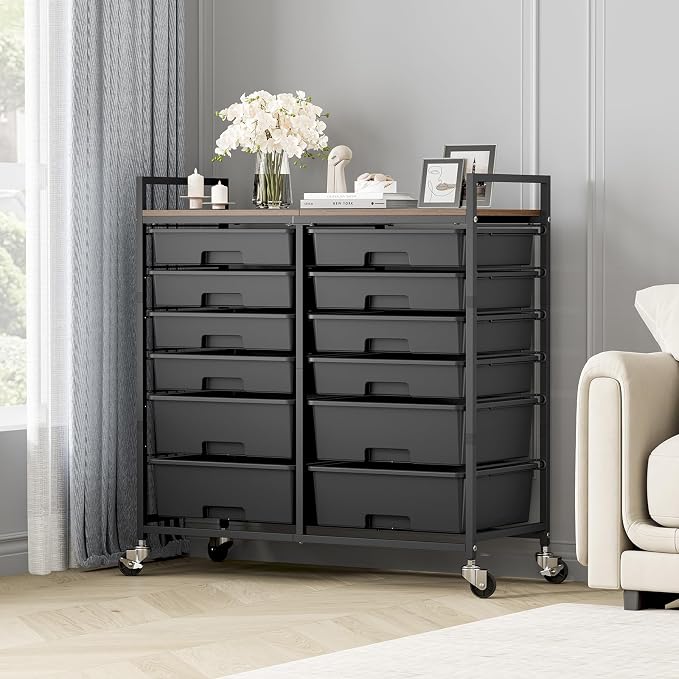 TOOLF 12 Drawers Rolling Storage Cart with Wooden Top for Classroom, Black | Teacher Cart Craft Art Supply Organizer, Utility Cart with Lockable Wheels for Home Household Essentials, Office Organization - Image 2