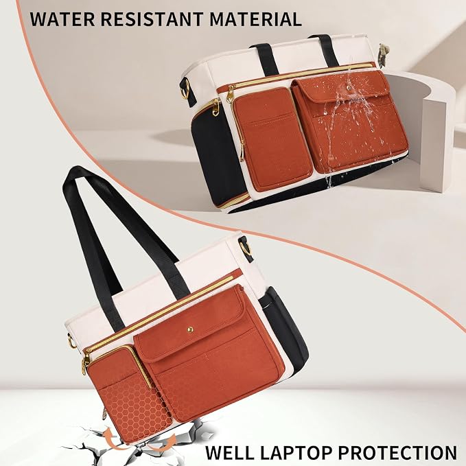 ESTARER Teacher Tote Bag for Women 2Pcs,15.6'' Laptop Work Bag Computer Bag w/File Folder & Insulated Pocket, Large Water-resistant Messenger Shoulder Bag for Office/Travel/College,Black-Beige-Brown - Image 7