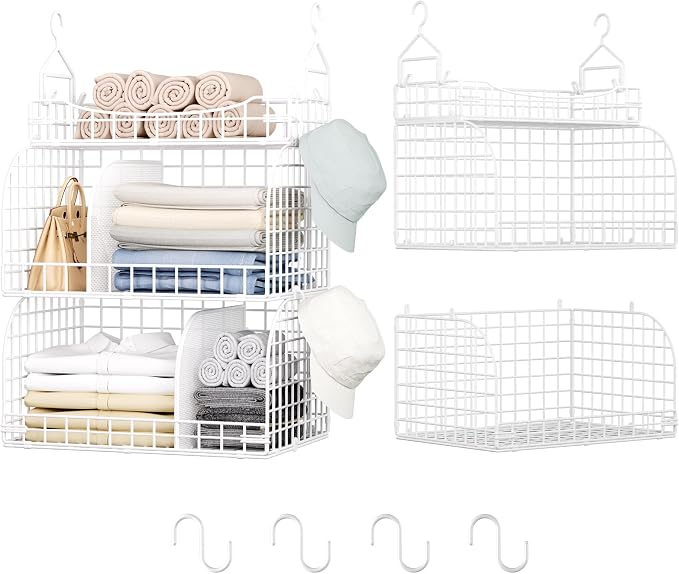 HapiRm Hanging Closet Organizer Storage - 3 Tier Metal Stackable Hanging Closet Shelves with Dividers and S Hooks, Foldable Clothes Shelves for Clothes, Pants, Shoes, Coat, Hats Clutches Accessories by HapiRm