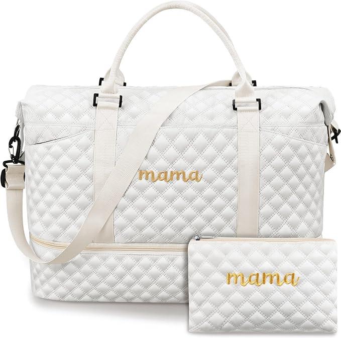 Dansydaisy Mama Hospital Bag for Women Labor Delivery,White | Travel Duffle Bag with Shoe Compartment and Toiletry Pouch Waterproof Weekender Bag for Women Pregnancy Overnight Gym Gift by Dansydaisy