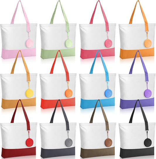 Sanwuta Canvas Tote Bags Bulk with Zipper and Plush Coin Purses 18.5" Reusable Cotton Shopping Bags with Handle for DIY Craft by Sanwuta