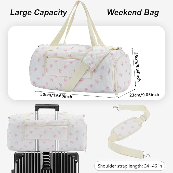 White Pink Bow Quilted Weekender Duffle Bag with Shoe Compartment | Women's Overnight Gym Bag for Travel, Carry-On Duffel with Luggage Sleeve for Hospital Labor & Weekend Getaway - Image 2