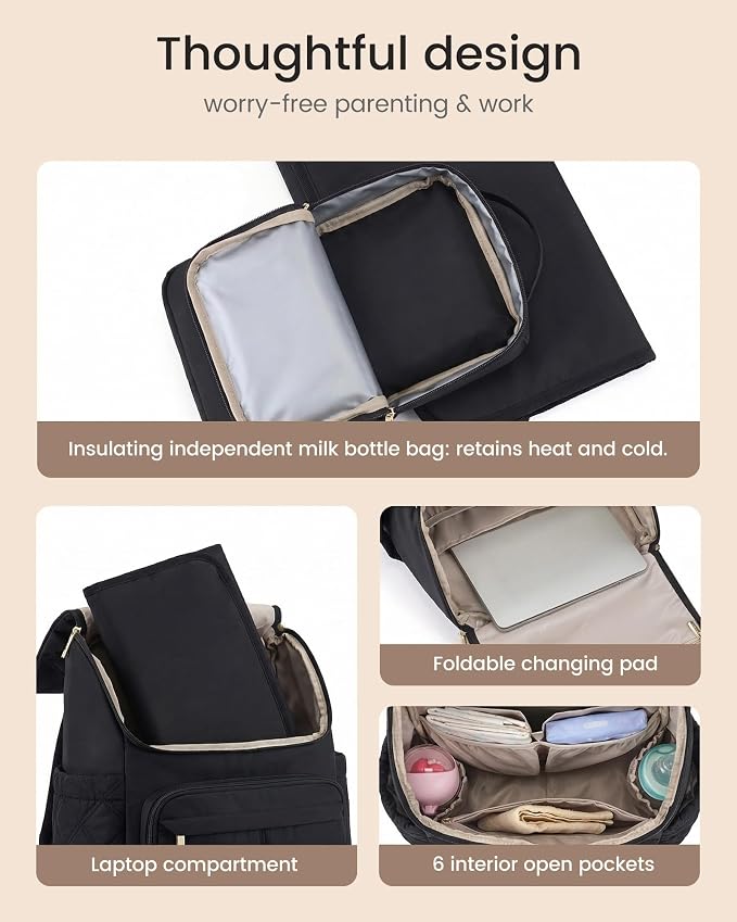 LOVEVOOK Diaper Bag Backpack With Pocket For Large Capacity Cup,Multi-Function Baby Travel Bag For Mom Dad,Waterproof Baby Bag for Boys Girls with Changing Pad,Insulated Bag,Stroller Straps,Black - Image 5