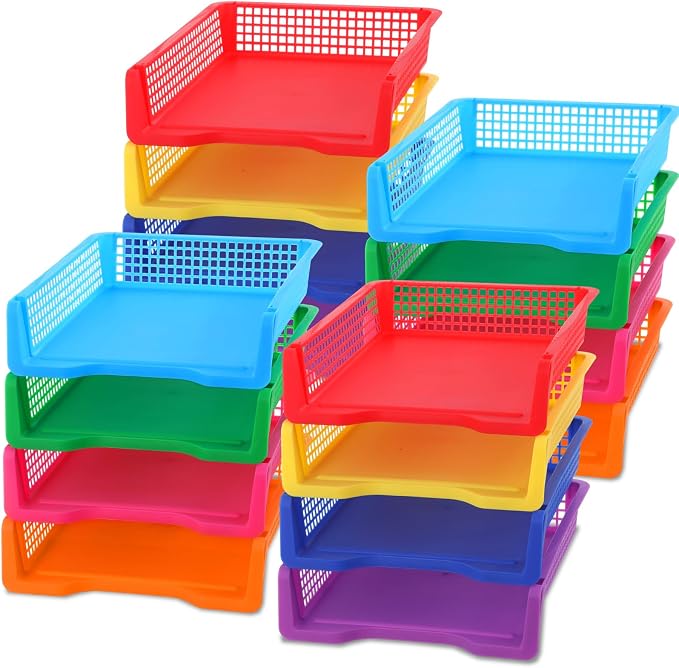 16 Pack Colorful Plastic Turn in Paper Trays for Classroom Storage Bin Basket Organizers for School Teacher Supplies Classroom Office Home Organization Storage Tray Holds 4A Paper File Document by gisgfim
