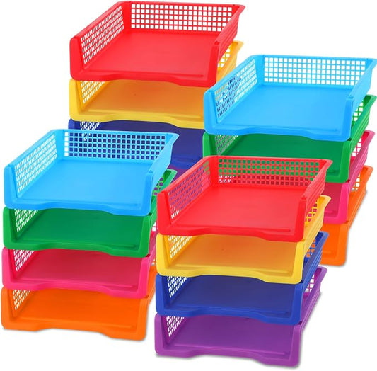 16 Pack Colorful Plastic Turn in Paper Trays for Classroom Storage Bin Basket Organizers for School Teacher Supplies Classroom Office Home Organization Storage Tray Holds 4A Paper File Document by gisgfim