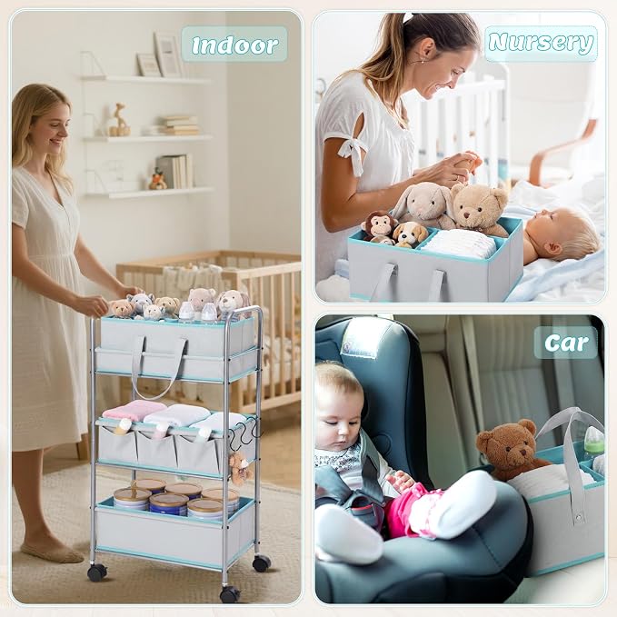 FoldTier 2in1 Colorful Baby Diaper Caddy Organizer Cart 3 Tier Large Capacity Metal Utility Bedside Rolling Cart with Divider for Newborn Nursery Essential Must Have Crib Bedroom Baby Shower (Blue) - Image 5