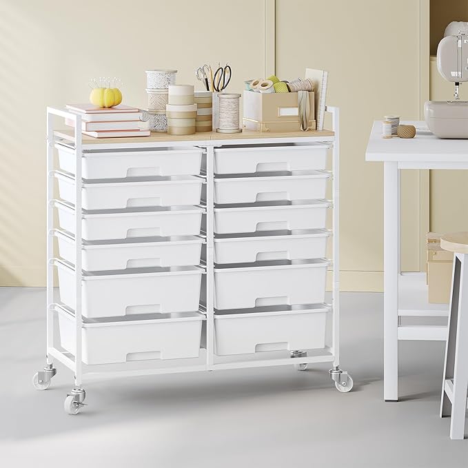 TOOLF 12 Drawers Rolling Storage Cart with Wooden Top for Classroom,White | Teacher Cart Craft Art Supply Organizer, Utility Cart with Lockable Wheels for Home Household Essentials, Office Organization - Image 2