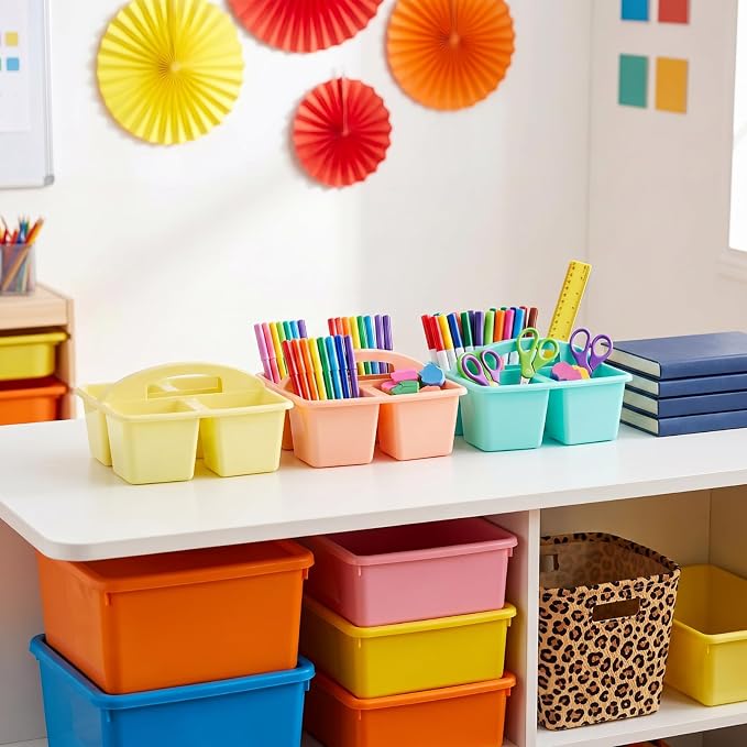 Kathfly 6 Pack Classroom Caddy Organizer with Handle, Plastic Art Craft Cleaning Caddy Bulk, Small Multipurpose Supply Organization Storage Basket for Table Desk Office Pencil Teacher (Macaron Color) - Image 4