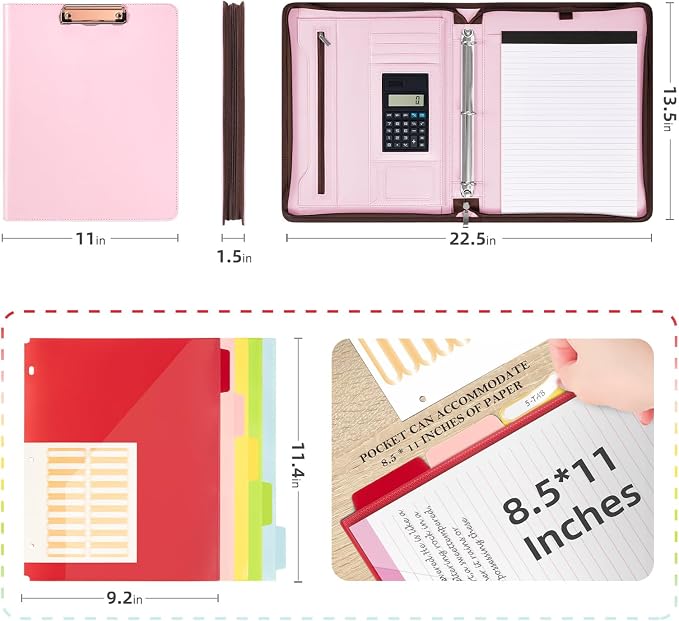 Ospelelf Pink Leather Portfolio Binder 3 Ring, Zippered Clipboard Folder with Storage - 5 Dividers with Pocket, Padfolio for Women,12.1” Tablet Sleeve, Refillable Notepad, Card Slot - Image 2