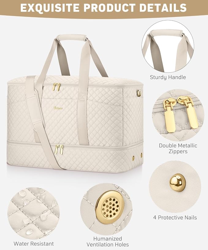 Duffle Bag for Travel, 40L Weekender Bag with Shoe Compartment, Carry On Overnight Bag for Women with Toiletry Bag Duffel Bags with Wet Pocket for Gym Hospital Bags for Labor and Delivery Beige - Image 3