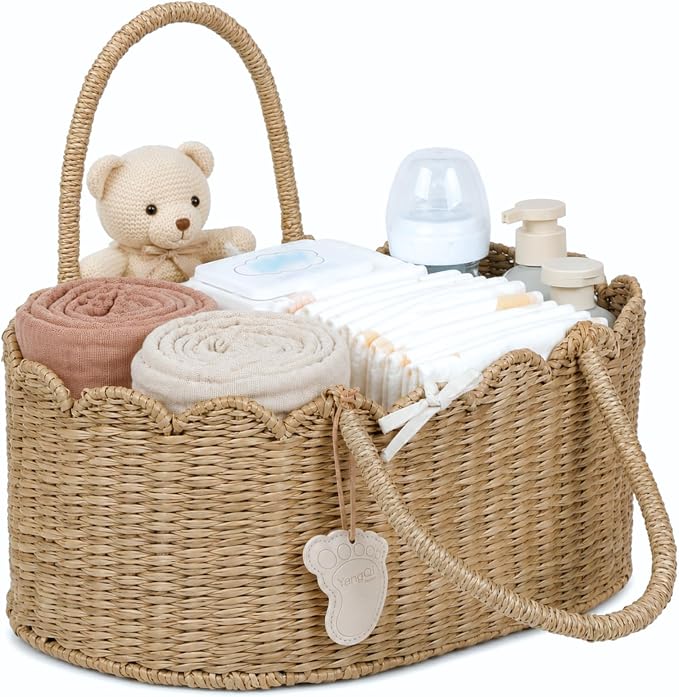 YANGQIHOME Diaper Caddy Organizer, Seagrass Nursery Baby Basket for Baby Essentials, Scalloped Wicker Diaper Caddy, Baby Shower Gifts (MeadowNest) by YANGQIHOME