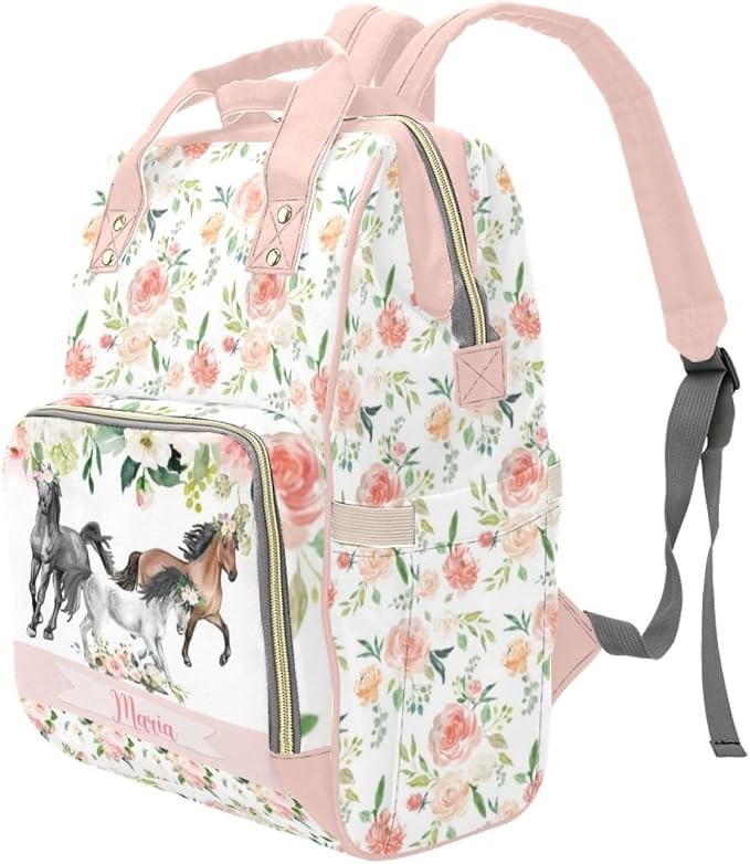 Personalized Cute Diaper Bag Backpack with Name Customized Floral Horse Mommy Bags for Moms with Muti Pockets Custom Portable Nappy Bag Travel Backpack with Large Capacity for Women - Image 2