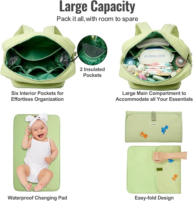 Diaper Bag Backpack with Changing Pad - Travel Baby Bag, Insulated Bottle Pockets, Stroller Straps (Medium - Green Dinosaurs) - Image 4