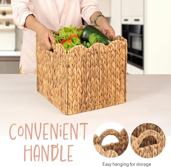 Set of 4 Foldable Scalloped Water Hyacinth Storage Cubes Basket, Storage Cube Bins -12"x12"x12", Collapsible Cube Organizers, Water Hyacinth Woven Bins for Bathroom, Bedroom, Laundry, Pantry, Shelves - Image 6