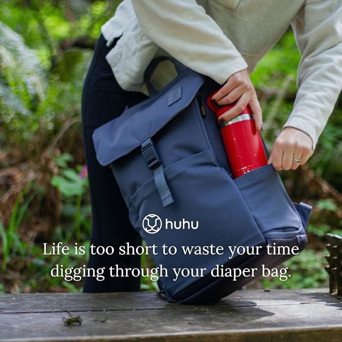 Huhu Diaper Bag Backpack – Large Baby Bag for Moms & Dads – Water-Resistant, Unisex Travel Kit for New Parents – Includes Changing Pad and 2 Organizer Pouches (Dusky Blue) - Image 9