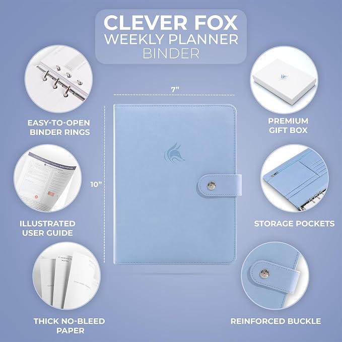 Clever Fox Weekly Planner Binder, Undated Daily A5 Eco Leather Periwinkle | 7 x 10 in with A5 pages, mini 3 ring portfolio organizer, work time manager, day runner, agenda book with monthly calendars - Image 2