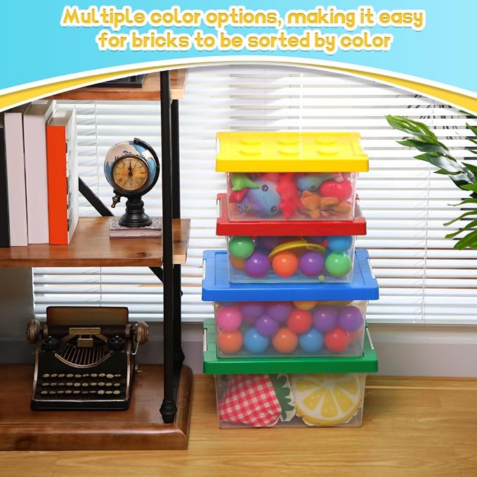 4 Pack Toy Storage Containers with Lids Brick Shaped Kids Toy Organizer Box Plastic Clear Stackable Bin Chest for Building Block Dolls(Large, X-Large,Red, Yellow, Blue, Green) - Image 3