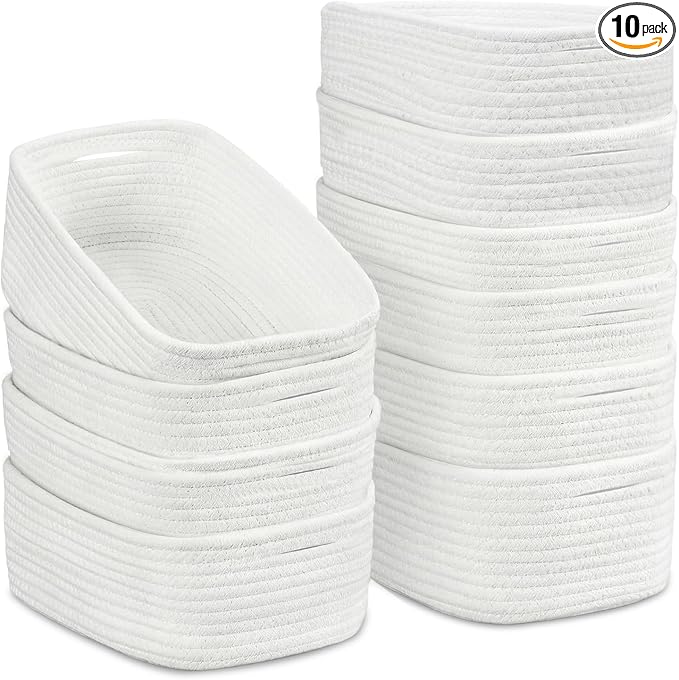 10 Pack Small Woven Baskets for Organizing, 12"x8"x5" White Cotton Rope Storage Bins with Handle, Empty Gift Basket Kit for Baby Shower, Nursery, Shelf, Bathroom & Closet Organizing by AFOROEOA