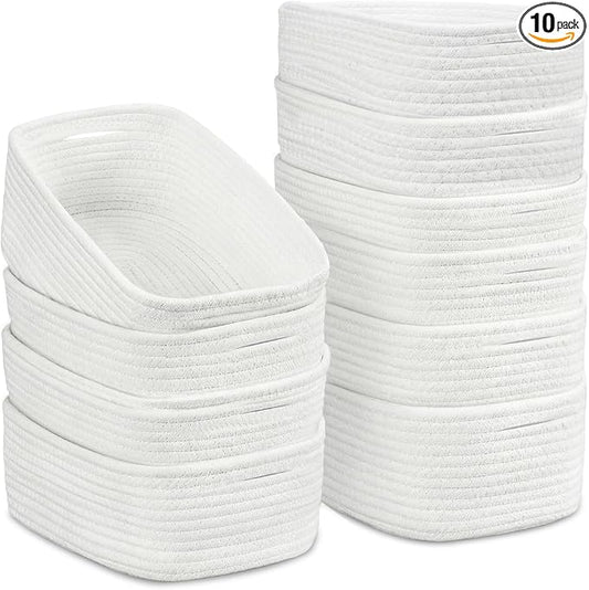 10 Pack Small Woven Baskets for Organizing, 12"x8"x5" White Cotton Rope Storage Bins with Handle, Empty Gift Basket Kit for Baby Shower, Nursery, Shelf, Bathroom & Closet Organizing by AFOROEOA