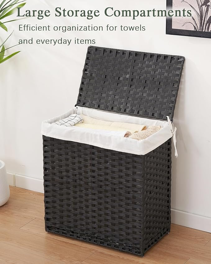 SETVSON Laundry Hamper with Lid Wicker Laundry Basket 112L, Black | Decorative PE Rattan Furniture Look for Bedroom, Large Sorting Hamper with Lid, 3 Liners, 6 Mesh Bags, Steel Frame - Image 4