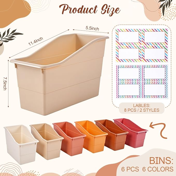 Blosssound 6 Set Book Bins for Classroom Stackable,Earth Tones | Plastic Baskets with Labels, Slanted Front, Library Supplies Organizers, Desktop Storage Bins, Teachers Home School Use - Image 2