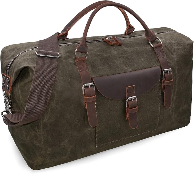 Oversized Travel Duffel Bag Waterproof Canvas Genuine Leather Weekend bag Weekender Overnight Carryon Hand Bag, Dark Brown by NEWHEY