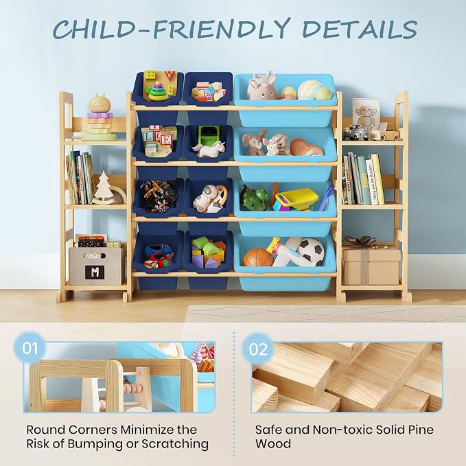 EXPERLAM Extra Large Toy Storage - Toy Storage Organizer, Wooden Toy Organizer with 6 Side Shelves and 12 Bins, 3-in-1 Bookshelf for Kids Rooms, Playroom, Nursery, Blue - Image 5