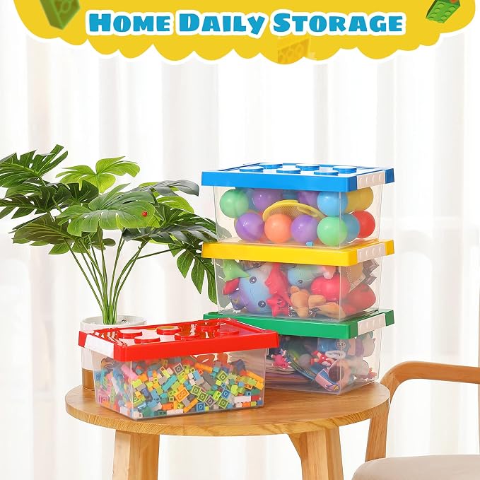 4 Pack Toy Storage Containers with Lids Brick Shaped Kids Toy Organizer Box Plastic Clear Stackable Bin Chest for Building Block Dolls(Large,Red, Yellow, Blue, Green) - Image 4