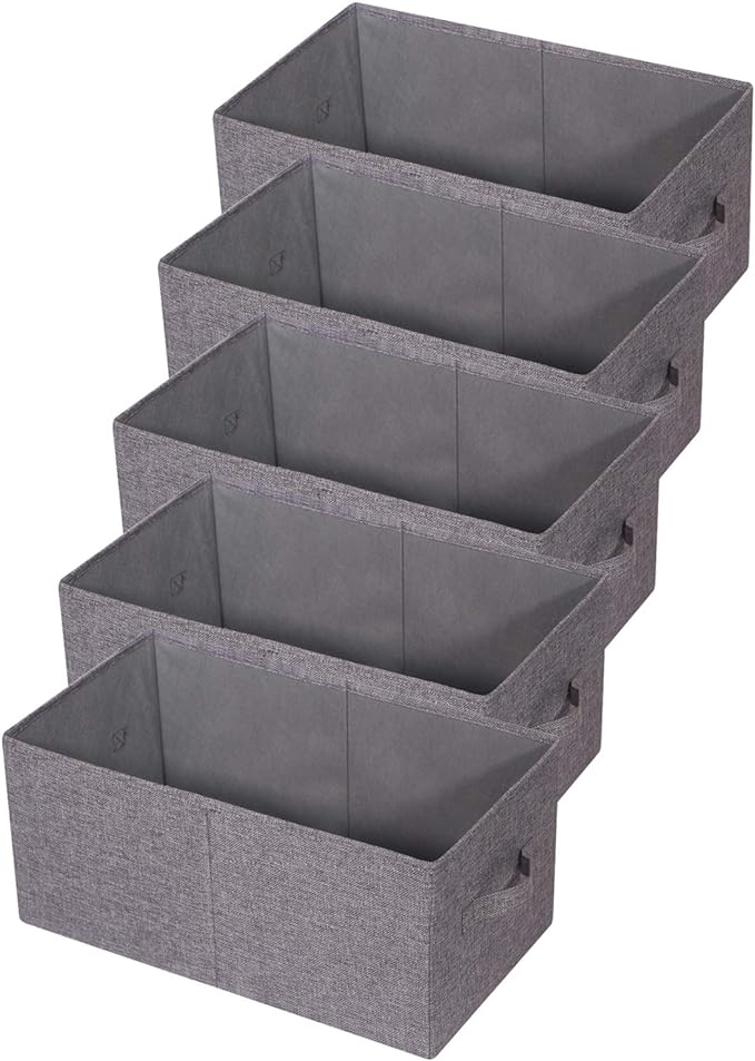 TENABORT Set of 5 Closet Organizer Bins with Handle, Fabric Foldable Storage Baskets Cloth Box Containers for Shelves Home Office Clothes Clothing, Gray, Jumbo by TENABORT