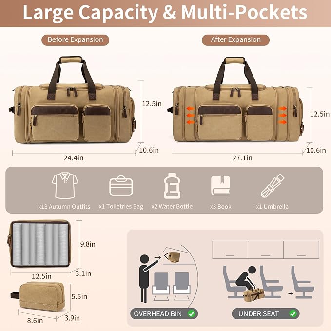 Mens Duffle Bag for Travel, 60L Canvas Expandable Overnight Weekender Bag | Shoe Compartment, Carry-On Size, Multiple Pockets, Detachable Strap, Toiletry Bag & Packing Cube Include, Khaki - Image 4