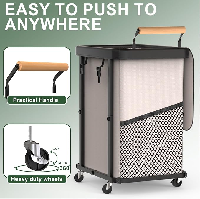 150L Laundry Basket with Wheels,Rolling Basket Hamper with Lid&Handle White | Laundry Organizer Storage Cart with Heavy Duty Sturdy Metal Frame for Home, Hotel, Laundry Room - Image 3
