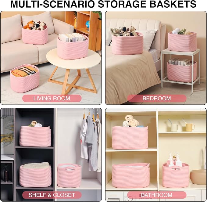 ICERZCZ Storage Baskets for Organizing Shelves, Pink Basket for Nursery, Woven Cotton Rope Baskets for Storage, Towel Basket for Bathroom, 15"x11"x9.5", 3 Packs, Light Pink - Image 5