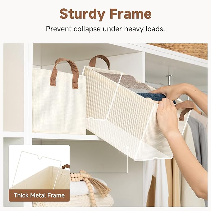 StorageWorks Closet Storage Bins, Shelves Baskets, Beige, 2-Pack | With Reinforced PU Handles, Sturdy Metal Frame, Collapsible, Basket for Shelves, Closet, Holds Clothes, Towels, Blankets - Image 4