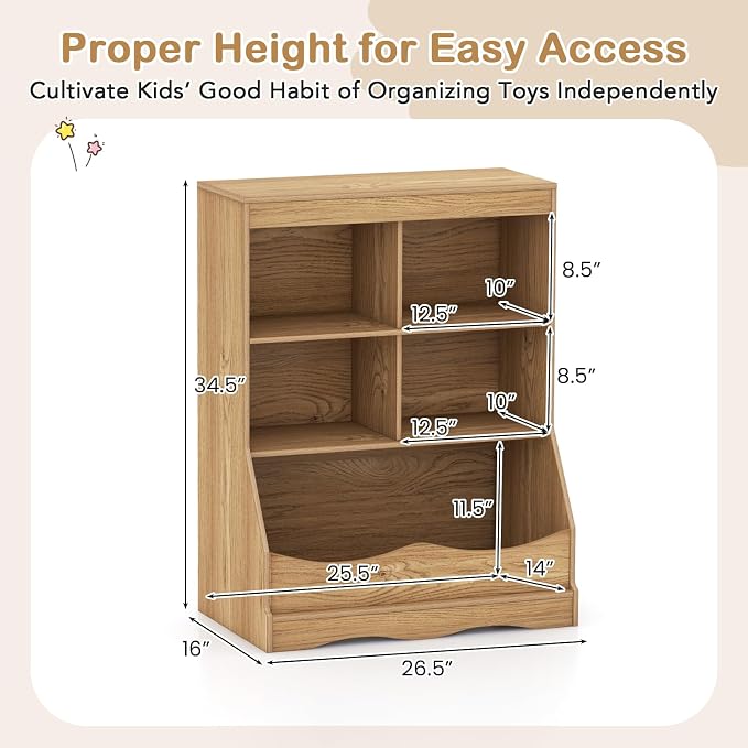 HONEY JOY Kids Toy Storage Organizer with Bookcase, 4-Cubby Organization Storage Cabinet w/Display Shelf, Wooden Toy Storage Unit for Playroom, Nursery Daycare (Natural) - Image 3