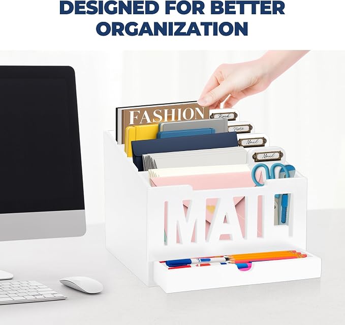 Mail Organizer Countertop, Desktop Mail Sorter with Drawer & Label Tags, WH | Bills, Letters, Envelopes & Receipts - Image 8