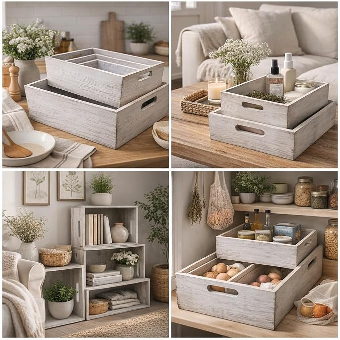 4 Pack Nesting Wooden Crates with Handles - Whitewashed Decorative Boxes | Farmhouse Rustic Wood Crate for Storage and Display, Shelf Organization, Home Decor, Pantry Organizer, Open Top Design - Image 8