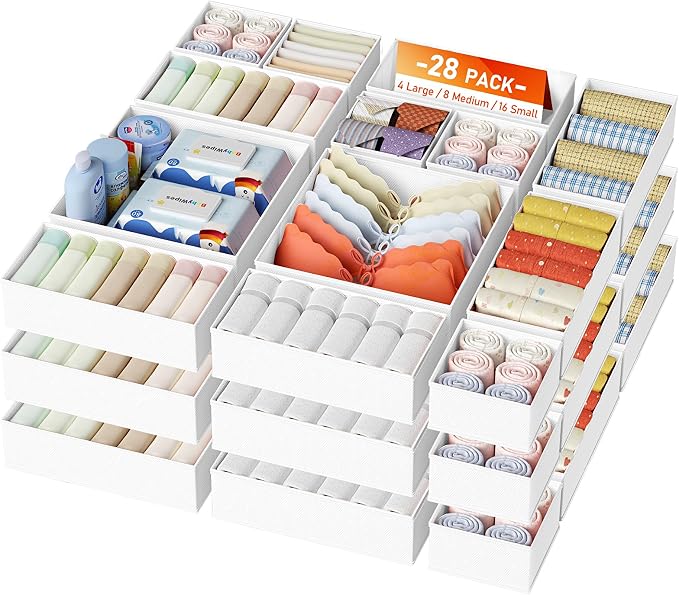 DIMJ Drawer Organizer Clothes, 26Pack Dresser Organizer, Foldable Closet Organizers and Storage, Fabric Dresser Bins, Drawer Dividers for Nursery, Baby Clothes, Underwears, Sock,White by DiMJ