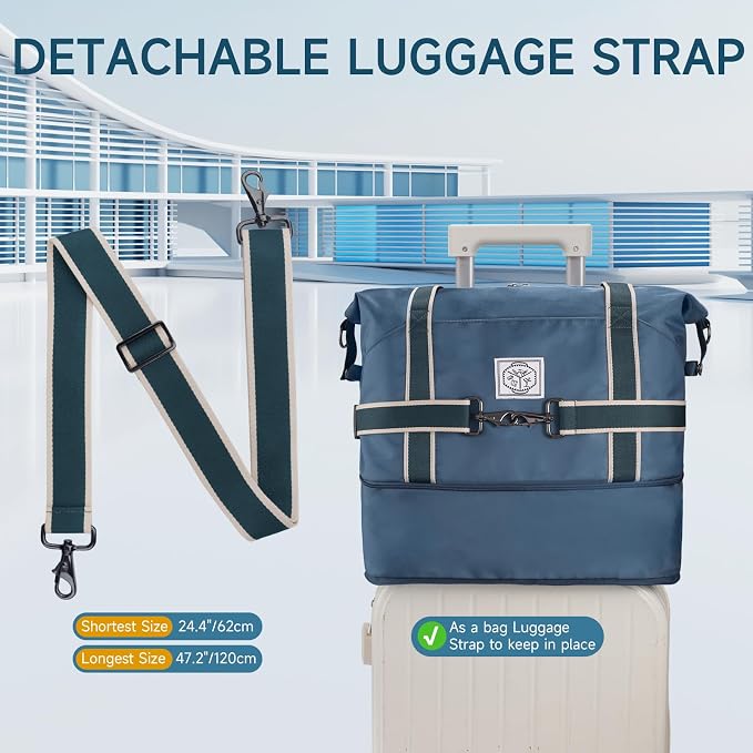 WALNEW Travel Duffel Bag, Weekender Overnight Carry On Bag for Women Men, Foldable Waterproof Gym Luggage with Metal Buckle Detachable Shoulder Strap and Wet Compartment (Peacock Blue) | Overnight Carry On Bag, Foldable Waterproof Gym Luggage with Meta... - Image 7