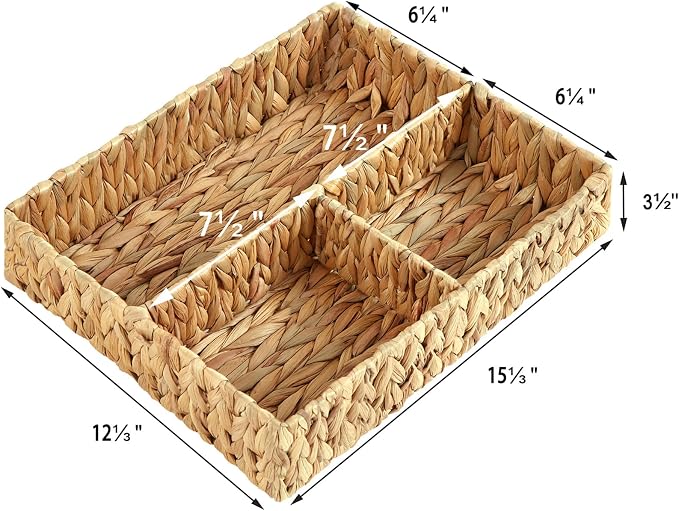 Wicker Divided Storage Basket, Hand-Woven Water Hyacinth Wicker Baskets, Basket for Drawer Organizing, 3 Section Rectangular Woven Storage Baskets, 2-Pack - Image 2