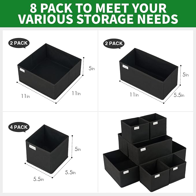 8 Pack 11 inch Fabric Storage Cubes with 8 Pack Bra Sock Underwear Drawer Organizer for Clothing Organization and Storage - Image 6