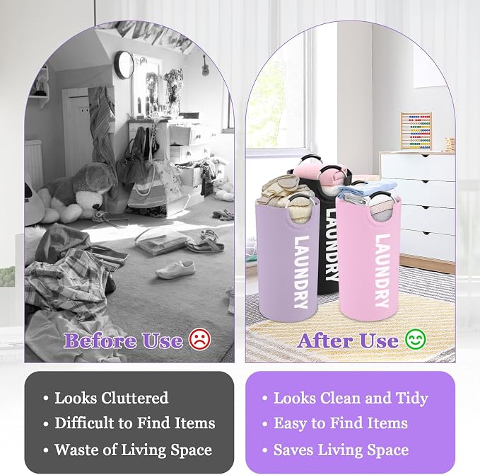 3Pack Folding Clothes Hamper with Handles, 95L Tall Laundry Basket Organizer, Durable Laundry Bags, Large Dirty Clothes Hamper for Family, Travelling, Camping, Purple + Pink + Black | IHOMAGIC Foldable Dirty Clothes Hamper, Laundry Bag, Portable Storag... - Image 7