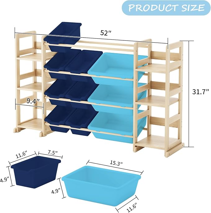 EXPERLAM Extra Large Toy Storage - Toy Storage Organizer, Wooden Toy Organizer with 6 Side Shelves and 12 Bins, 3-in-1 Bookshelf for Kids Rooms, Playroom, Nursery, Blue - Image 2