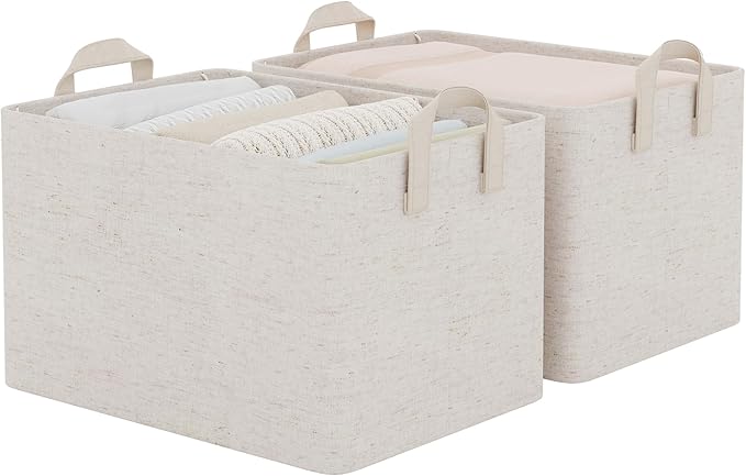 StorageWorks Linen Closet Organizers, Fabric Storage Bin, Beige, 2-Pack | Large, With Reinforced PU Handles, Metal Frame, Collapsible, Basket for Shelves, Closet, Holds Clothes, Towels, Blankets by StorageWorks