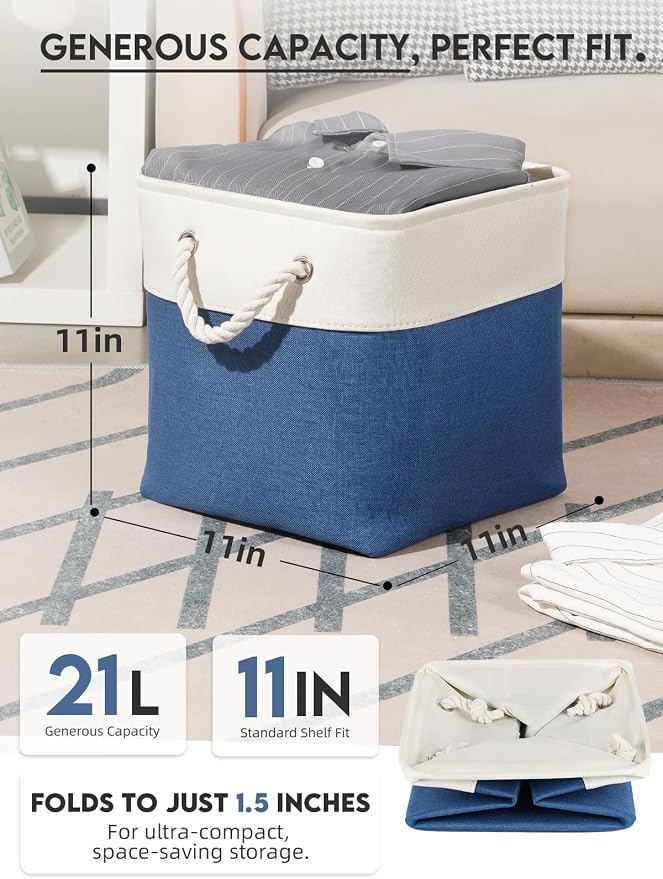 Temary Cube Storage Baskets 11x11, Set of 6 Decorative Fabric Bins with Metal Frame Around the Top Rim, Sturdy Collapsible Organizers for Closet, Office (White & Dark Blue) - Image 2