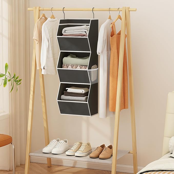Hanging Closet Organizer Collapsible Bedroom Closet Organization, 3 Shelf | Closet Organizers and Storage Hanging with Mesh Pocket for Clothes, Closet Hanging Organizers and Storage for Wardrobe, Black - Image 2