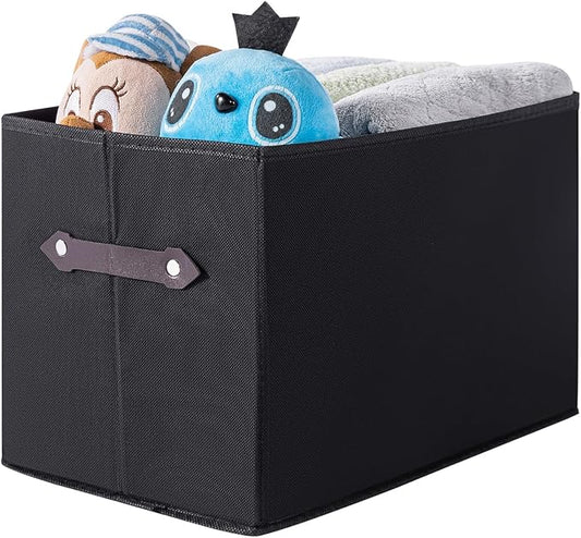 1 Pack Large Collapsible Storage Baskets for Shelves,14.9"x9.5" Fabric Closet storage Boxes with Leather Handles,Decorative Organizers Storage Bins for Clothes,Sheets,Toys,Books,(Black) by Yunkeeper
