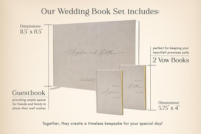 Personalized Wedding Book Set with Guestbook Vow Books (Design 1) - Custom Large 11.5 x 8.5 Guest Signin Book, 5.75 x 4 Vow Books for Marriage Ceremony Reception, Gift for Newly Engaged Couple, Taupe - Image 3