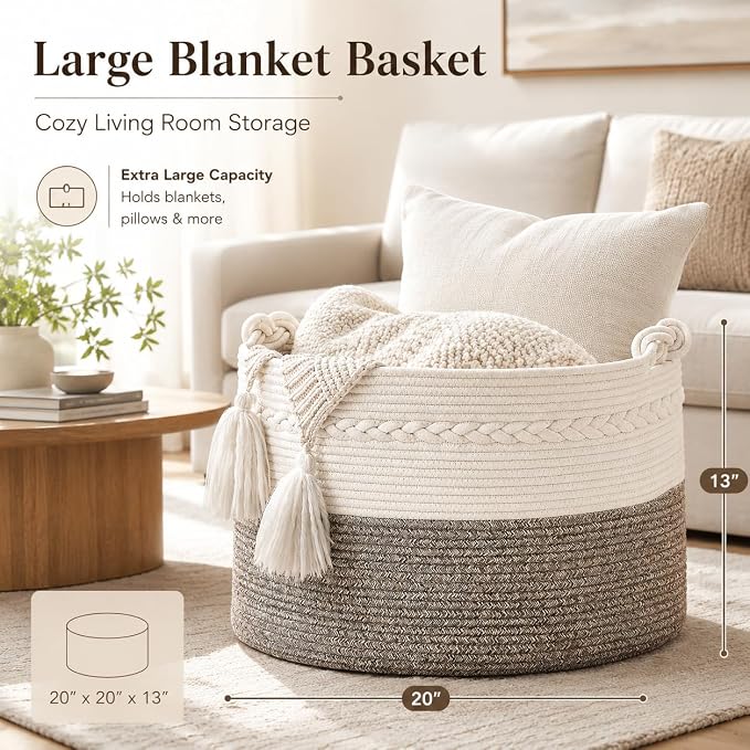 KAKAMAY Large Blanket Basket (20"x13"),Woven Baskets for storage Baby Laundry Hamper, Cotton Rope Blanket Basket for Living Room, Laundry, Nursery, Pillows, Baby Toy chest (White/Beige) | Extra Large Capacity | Natural Cotton Rope | Blanket Storage | W... - Image 2